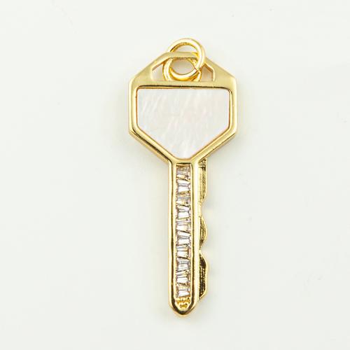 Pendentifs de coquille en laiton, avec coquille, clé, bijoux de mode & pavé de micro zircon & pour femme, doré Environ 3mm Vendu par lot