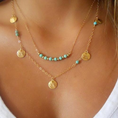 Turquoise Zinc Alloy Necklace, with turquoise, Round, gold color plated, Double Layer & for woman, mixed colors 