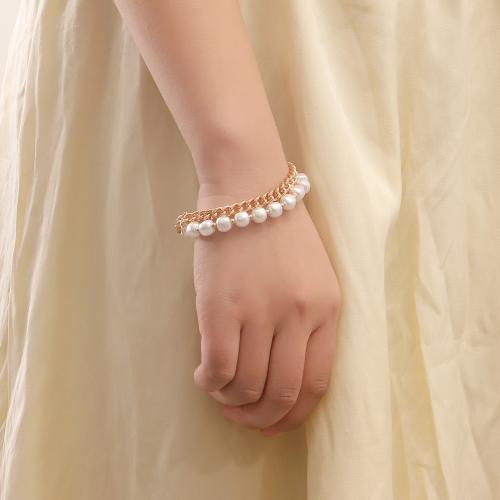 Fashion Zinc Alloy Bracelets, with Plastic Pearl, gold color plated, Double Layer & for woman, white 