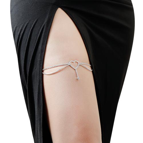 alliage de zinc Chaîne de jambe, coeur, Placage de couleur argentée, pour femme & avec strass, Vendu par PC