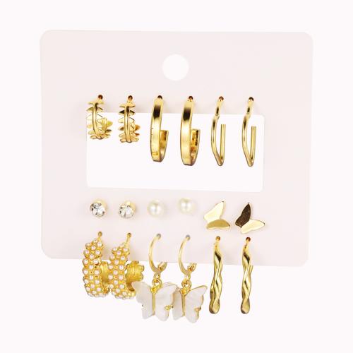 Pendiente de aleación de Zinc de resina, con Cristal & resina & Perlas plásticas, 9 piezas & Joyería & para mujer, dorado, Vendido por Set