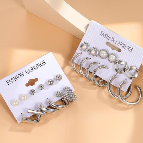 Plastic Pearl Zinc Alloy Earring, with Resin & Plastic Pearl, 12 pieces & for woman & enamel, silver color 