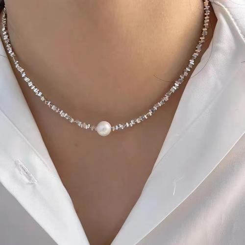 Ожерелье цинкового сплава , цинковый сплав, с 5cm наполнитель цепи, жемчуг & ювелирные изделия моды & Женский, серебряный, длина:Приблизительно 40 см, продается PC