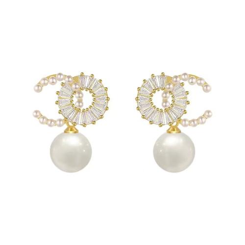 Boucles d'oreilles en laiton zircon cubique pavent, avec perle de plastique, bijoux de mode & pavé de micro zircon & pour femme Vendu par paire
