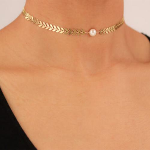 Collar Gargantilla Moda, aleación de zinc, con Perlas plásticas, con 5CM extender cadena, chapado en color dorado, para mujer, más colores para la opción, longitud:34 cm, Vendido por UD