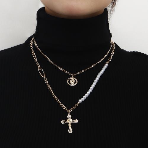 Collier en alliage de zinc, avec perle de plastique, croix, Placage de couleur d'or, Double couche & pour femme & avec strass, Vendu par PC