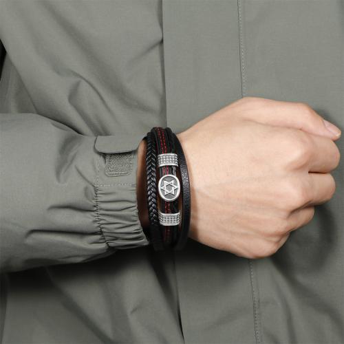 bracelet de cordon en PU , Acier inoxydable 304, avec cuir PU, Placage ionique sous vide, multicouche & pour homme, noire cm, Vendu par PC