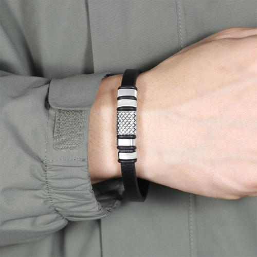 bracelet de cordon en PU , Acier inoxydable 304, avec cuir PU & alliage de zinc, Placage, pour homme, noire cm, Vendu par PC