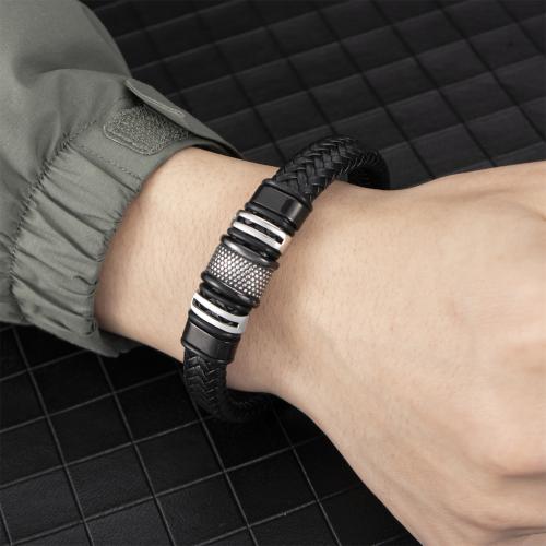 PU Schnur Armbänder, 304 Edelstahl, mit PU Leder, plattiert, für den Menschen, schwarz, Länge:21 cm, verkauft von PC