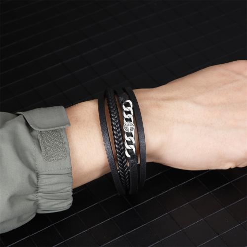 bracelet de cordon en PU , alliage de zinc, avec cuir PU, Placage, multicouche & pour homme, noire cm, Vendu par PC