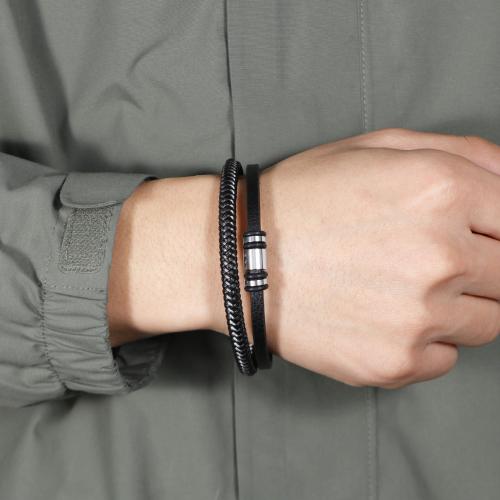 bracelet de cordon en PU , Acier inoxydable 304, avec cuir PU & fil de queue de tigre & alliage de zinc, Placage, Double couche & pour homme, noire cm, Vendu par PC