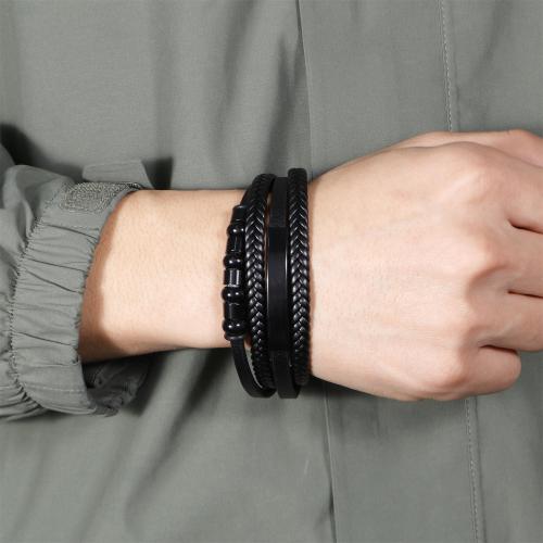 bracelet de cordon en PU , Acier inoxydable 304, avec cuir PU & alliage de zinc, Placage, multicouche & pour homme, noire cm, Vendu par PC