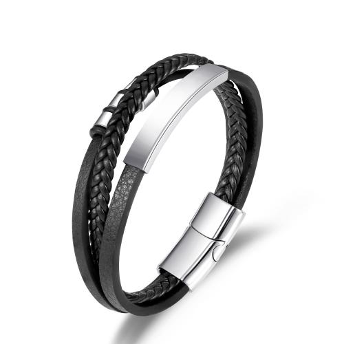 bracelet de cordon en PU , Acier inoxydable 304, avec cuir PU & alliage de zinc, Placage, trois couches & pour homme, noire cm, Vendu par PC