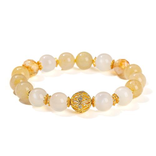 Moonstone bracelet, avec quartz rutile & laiton, Rond, fait à la main, bijoux de mode & pour femme, beads length 10mm Environ 6-6.5 pouce, Vendu par PC