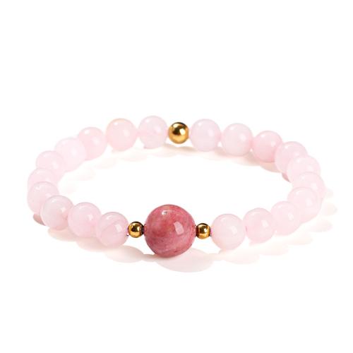 Rose Quartz Bracelet, with Rhodochrosite & 304 Stainless Steel, Round, handmade, folk style & for woman, beads length 8mm,12mm Approx 6 Inch 