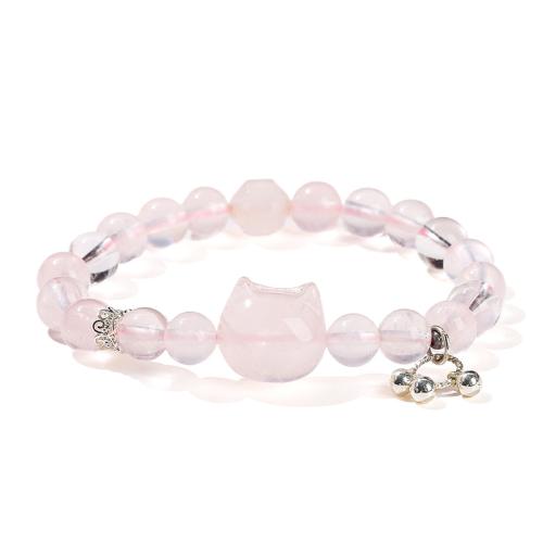 Bracelets quartz, quartz rose, avec laiton, chat, fait à la main, style folk & pour femme, beads length 8mm Environ 6 pouce, Vendu par PC