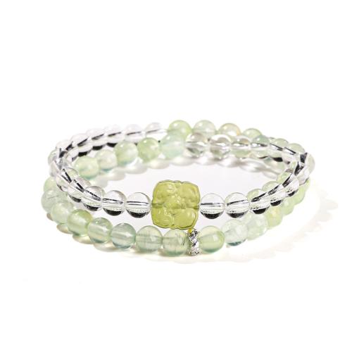 Prehnite nature bracelet, avec quartz clair & laiton, fait à la main, Double couche & bijoux de mode & pour femme, beads length 6mm Environ 5.5-6 pouce, Vendu par PC