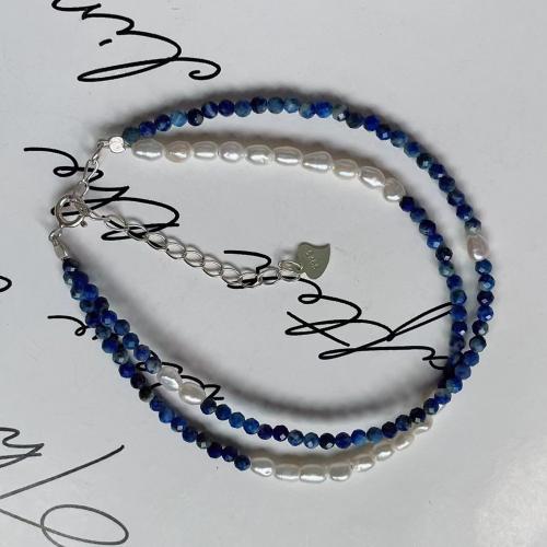 bracelet en laiton de perle d'eau douce cultivée, avec Lapis lazuli, avec 5cm chaînes de rallonge, Double couche & bijoux de mode & pour femme Environ 16 cm, Vendu par brin[