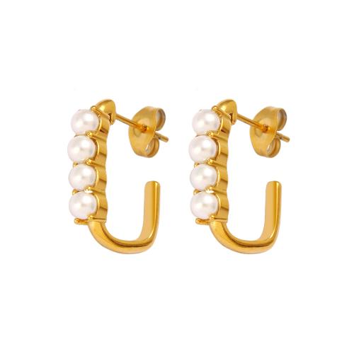 Stainless Steel Stud Earring, 304 Stainless Steel, with Plastic Pearl & 316 Stainless Steel, plated, for woman, golden 