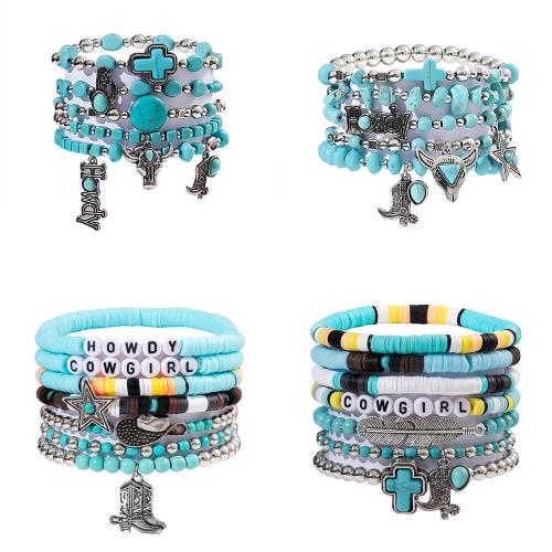 turquoise Bracelet Set, with Polymer Clay & Zinc Alloy & Acrylic, multilayer & Bohemian style & for woman Approx 6.7 Inch 