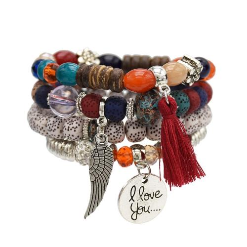 Crystal Bracelet Set, with Wood & Resin & Zinc Alloy, handmade, 4 pieces & Bohemian style & for woman, multi-colored Approx 7 Inch 