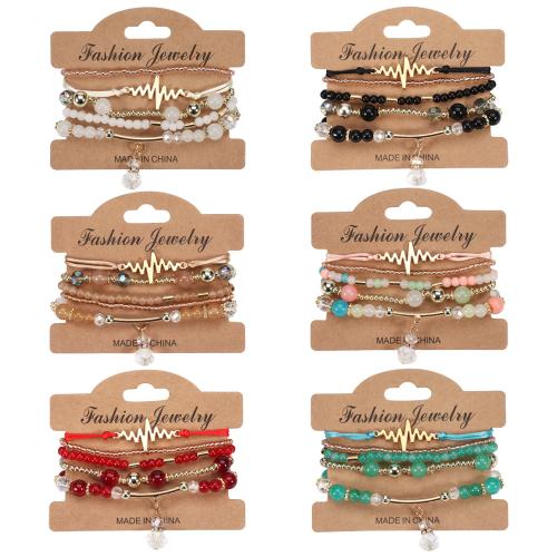 Glass Bracelet Set, with Elastic Thread & Zinc Alloy & Acrylic, Electrocardiographic, 5 pieces & Bohemian style & for woman Approx 6-10 Inch 