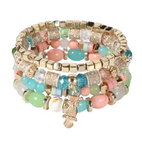 Acrylic Bracelet Set, with Elastic Thread & Crystal & Zinc Alloy, Owl, 4 pieces & Bohemian style & for woman Approx 7 Inch 