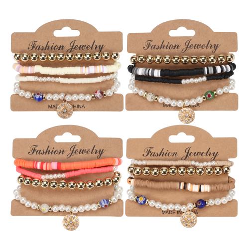 Glass Bracelet Set, with Polymer Clay & Elastic Thread & Zinc Alloy & Acrylic, 4 pieces & Bohemian style & for woman & with rhinestone Approx 7 Inch 