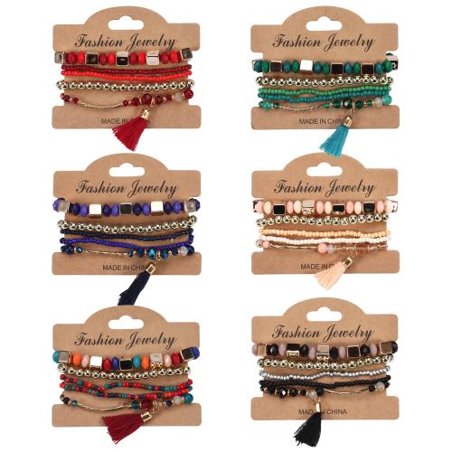 Glass Bracelet Set, with Elastic Thread & Zinc Alloy & Acrylic, 5 pieces & Bohemian style & for woman Approx 7 Inch 