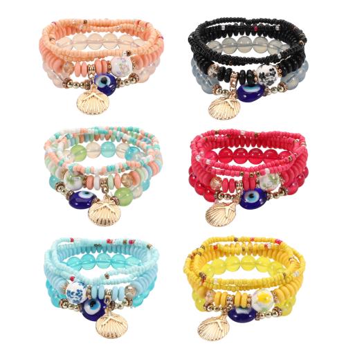 Glass Bracelet Set, with Zinc Alloy & Acrylic, Shell, multilayer & Bohemian style & evil eye pattern & for woman Approx 7 Inch 