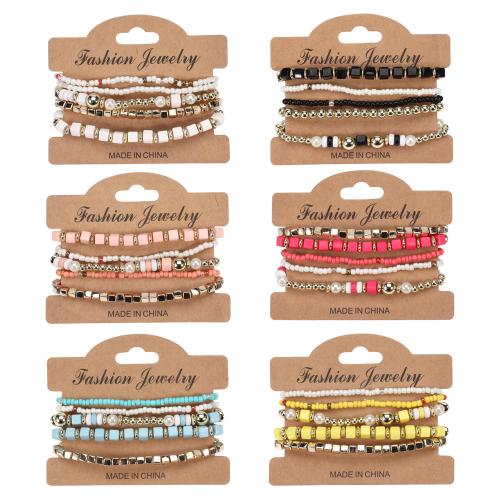 Glass Bracelet Set, with Plastic Pearl & Zinc Alloy & Acrylic, 5 pieces & Bohemian style & for woman Approx 7 Inch 
