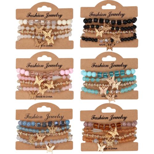 Glass Bracelet Set, with Crystal & Zinc Alloy, Butterfly, 4 pieces & Bohemian style & for woman & with rhinestone Approx 7 Inch 