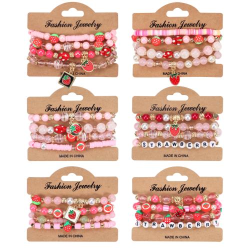 Glass Bracelet Set, with Polymer Clay & Crystal & Lampwork & Resin & Zinc Alloy, Strawberry, 4 pieces & Bohemian style & for woman Approx 7 Inch 