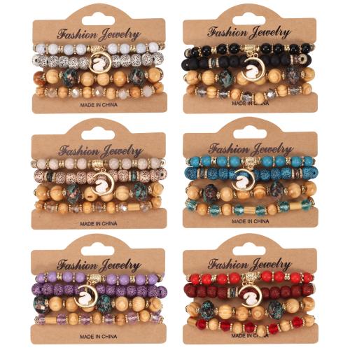 Glass Bracelet Set, with Wood & Zinc Alloy, Rabbit, 4 pieces & Bohemian style & for woman Approx 7 Inch 