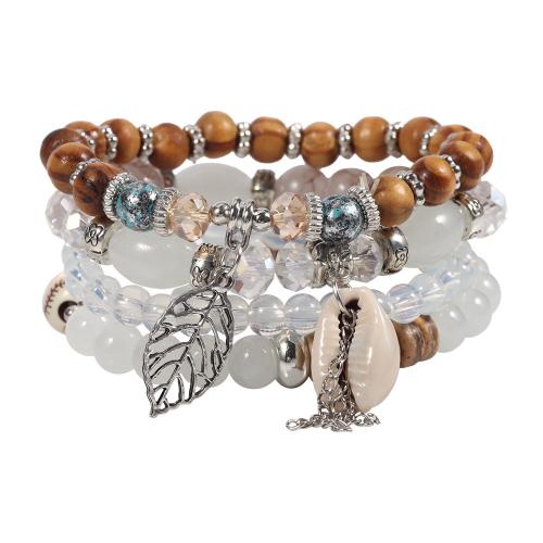 Glass Bracelet Set, with Shell & Crystal & Wood & Zinc Alloy, Leaf, 4 pieces & Bohemian style & for woman Approx 7 Inch 