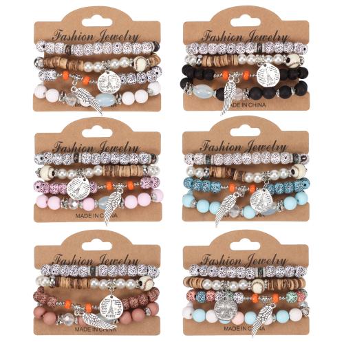 Acrylic Bracelet Set, with Wood & Resin & Plastic Pearl & Zinc Alloy, Wing Shape, 4 pieces & Bohemian style & for woman Approx 7 Inch 