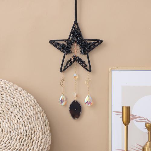 Hanging Ornaments, Iron, with leather cord & Agate, Star, handmade, for home and office, black 