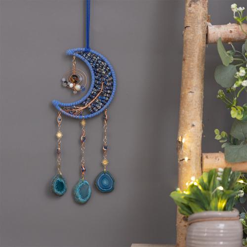 Hanging Ornaments, Iron, with leather cord & Agate & Brass, handmade, for home and office, blue 