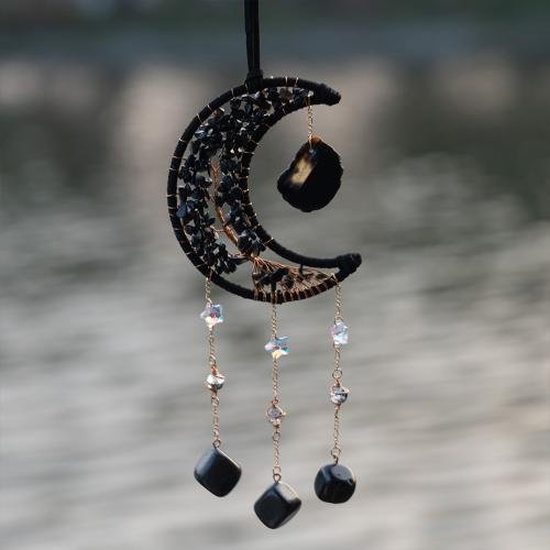 Hanging Ornaments, Iron, with leather cord & Agate & Brass, handmade, for home and office, black 