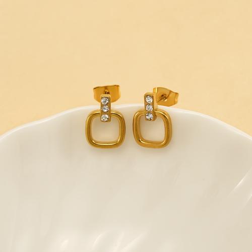 Titanium Steel Stud Earring, gold color plated, for woman & with rhinestone 