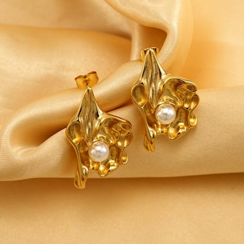 Titanium Steel Stud Earring, with Plastic Pearl, gold color plated, for woman 