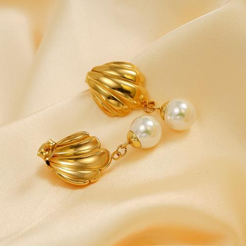 Titanium Steel Drop Earring, with Plastic Pearl, gold color plated, for woman 