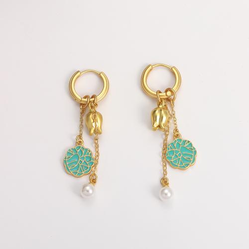 Freshwater Pearl Brass Earring, with Freshwater Pearl, 18K gold plated, fashion jewelry & for woman & enamel 