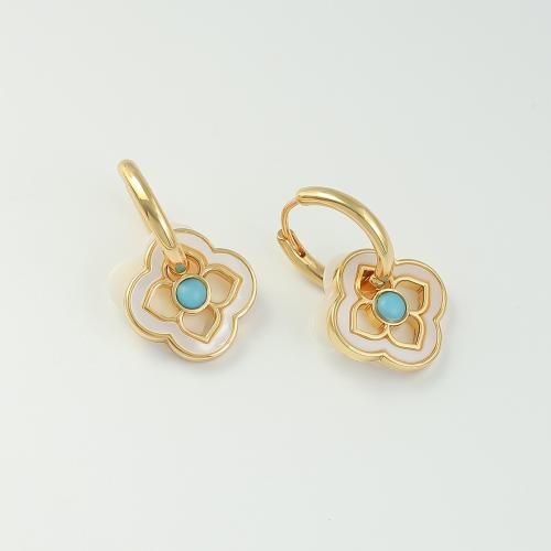 Laiton Dangle boucle d'oreille, avec Huître perlière & turquoise, fleur, Plaqué or 18K, bijoux de mode & pour femme Vendu par paire