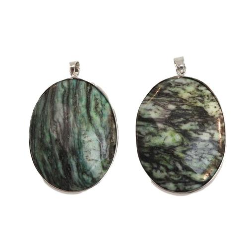 Natural Turquoise Pendants, African Turquoise, with Brass, Flat Oval, silver color plated, DIY, green [