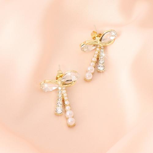 Plastic Pearl Zinc Alloy Earring, with Crystal & Plastic Pearl, Bowknot, gold color plated, fashion jewelry & for woman 