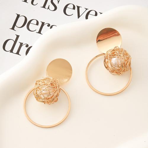 Plastic Pearl Zinc Alloy Earring, with Plastic Pearl, Round, fashion jewelry & for woman, gold 