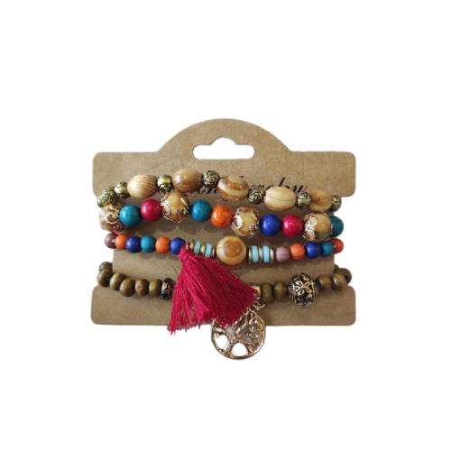 Sandalwood Bracelet Set, with Glass Beads & Zinc Alloy, handmade, multilayer & Bohemian style & for woman Approx 6.7 Inch 