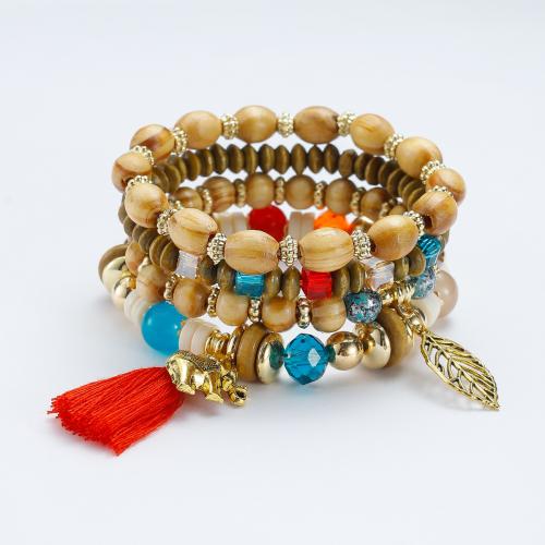 Wood Bracelet Set, with Glass & Zinc Alloy, Elephant, handmade, 4 pieces & Bohemian style & Unisex Inner Approx 55mm 