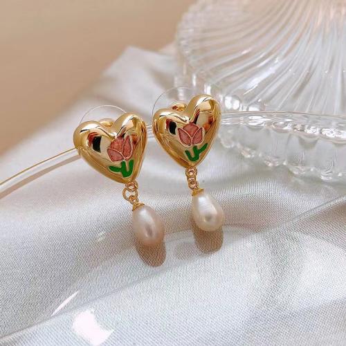 Plastic Pearl Zinc Alloy Earring, with Plastic Pearl, fashion jewelry & for woman & enamel, golden 